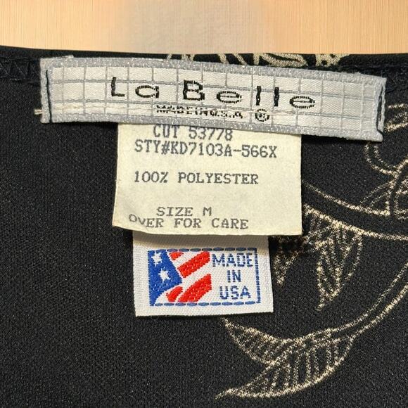 Vintage LA BELLE Sleeveless Cocktail Dress Sz Medium Midi Black Gold Lace V Neck - Picture 3 of 7